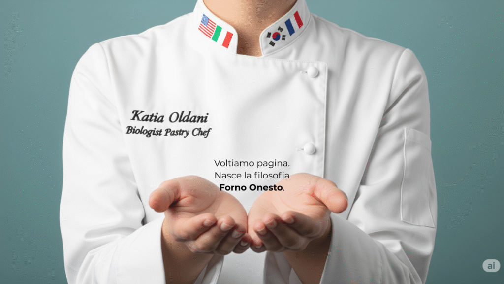 Immagine di copertina per il manifesto "Forno Onesto" di Katia Oldani, con il titolo "Voltiamo Pagina" che introduce la nuova filosofia di cucina sostenibile e scientifica.