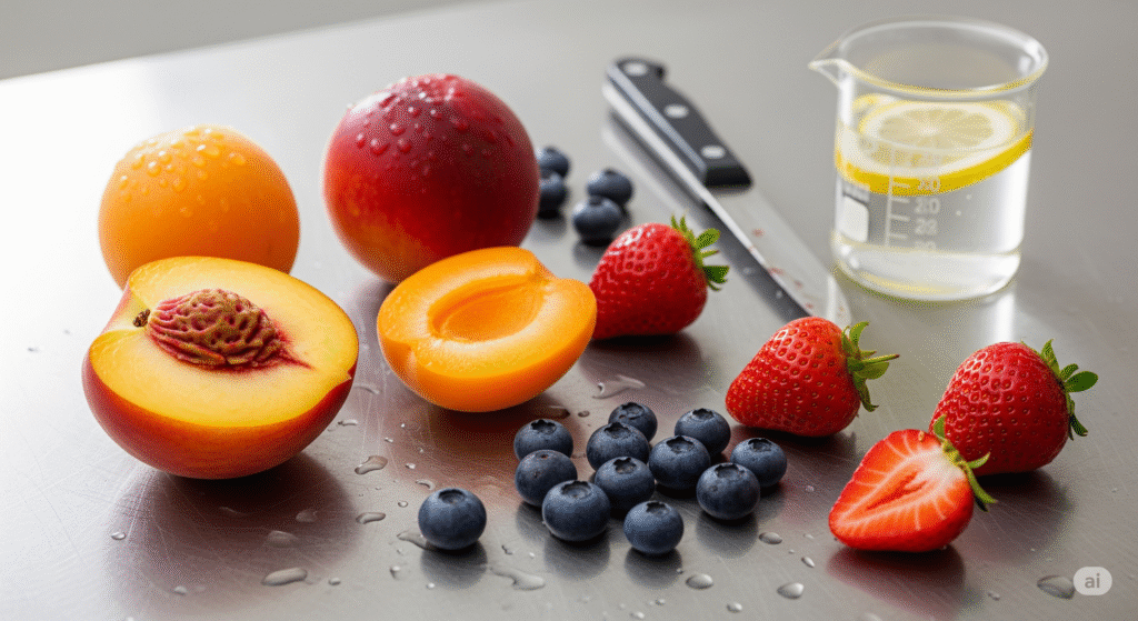 Frutta estiva fresca su un banco da lavoro in acciaio, simbolo della scienza in pasticceria per evitare l'annerimento e ottenere dolci perfetti.