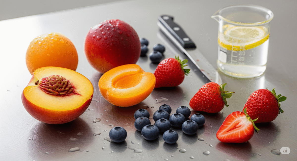 Fresh summer fruit on a stainless steel bench, symbolizing the use of baking science to prevent browning and achieve perfect pastries.