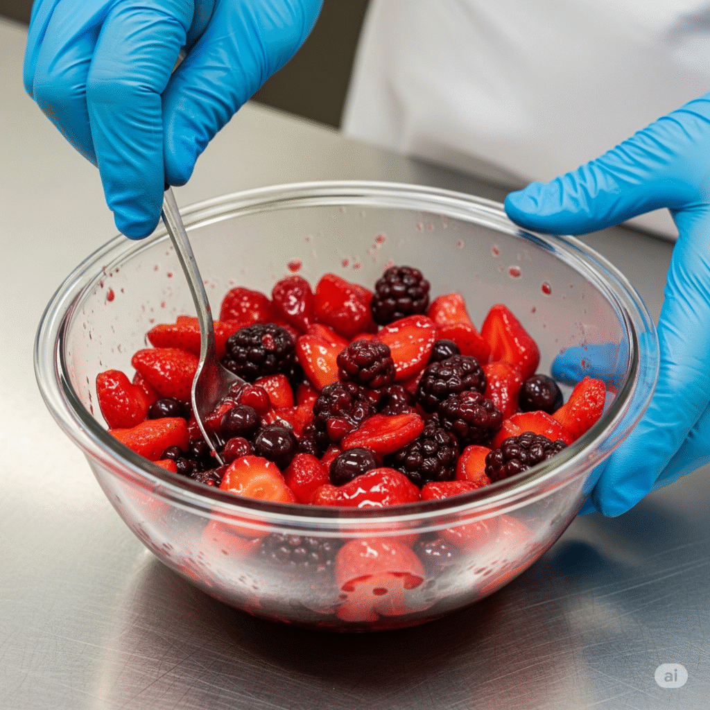 Sliced strawberries macerating with sugar in a white bowl, demonstrating the osmosis process for creating a natural fruit syrup.