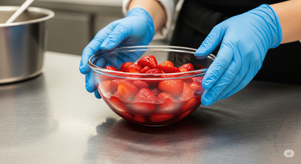 A key step in fruit maceration: hands of a pastry chef holding a glass bowl of macerated strawberries.