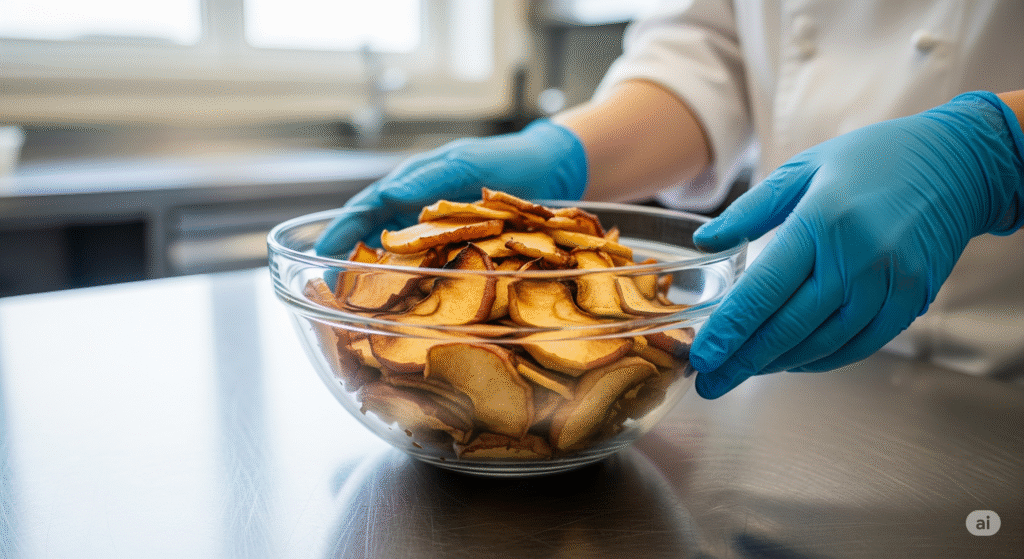he result of fruit oxidation, a process different from fruit maceration, showing browned apple slices in a bowl.