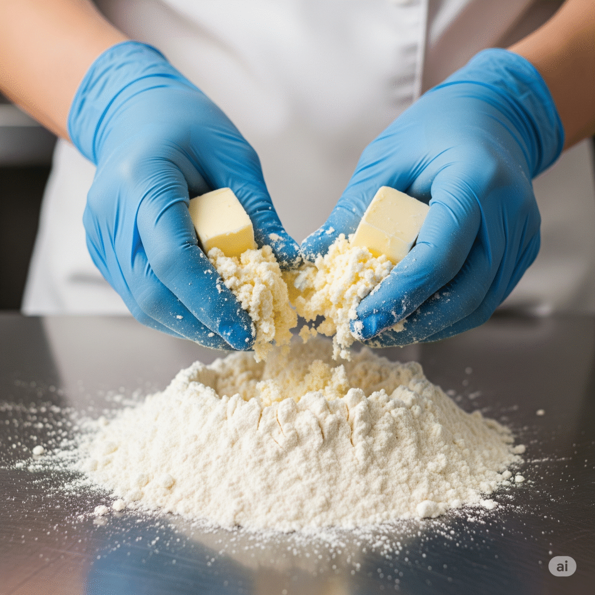 Illustration of the shortening effect in pastry, where cold fat coats flour particles to prevent gluten development and create a flaky texture.