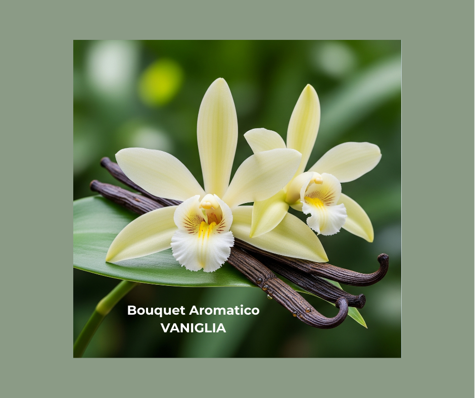 Il bouquet aromatico della vaniglia naturale, rappresentato dall'orchidea vaniglia e dai baccelli, che ne esalta il profilo ricco e complesso di aromi.
