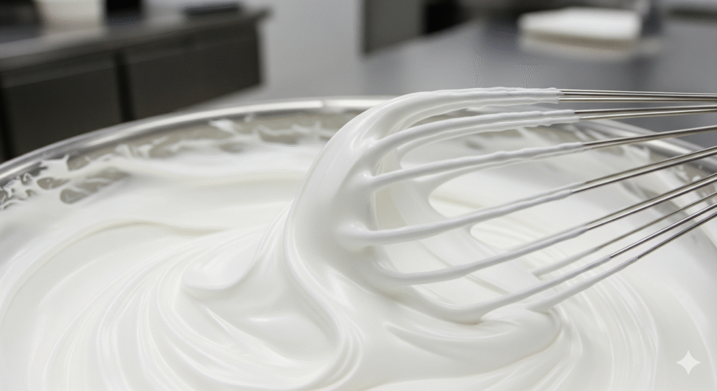 Glossy white meringue in a bowl with a whisk, whipped egg whites and sugar