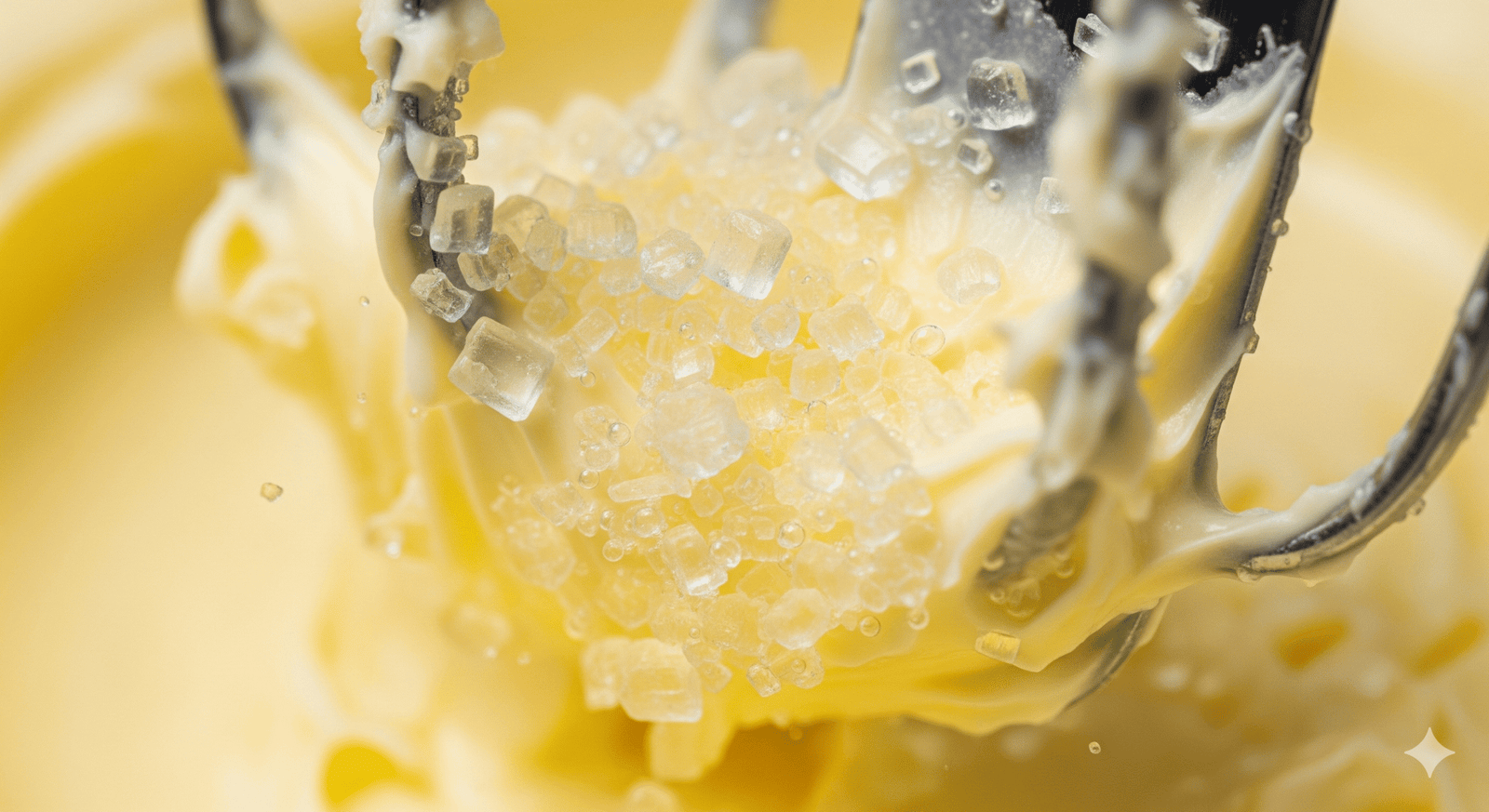 Granulated sugar and creamy yellow butter in a mixer, creaming process in pastry making