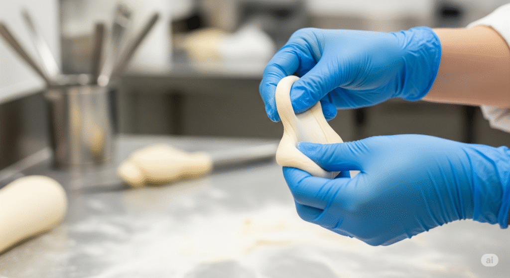 A pastry chef's hands in blue gloves gently stretching a piece of dough, the second step of the windowpane test.