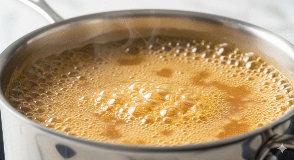 Macro di un caramello biondo alla temperatura di 160 gradi che bolle in un pentolino d'acciaio professionale, mostrando un colore ambrato chiaro.