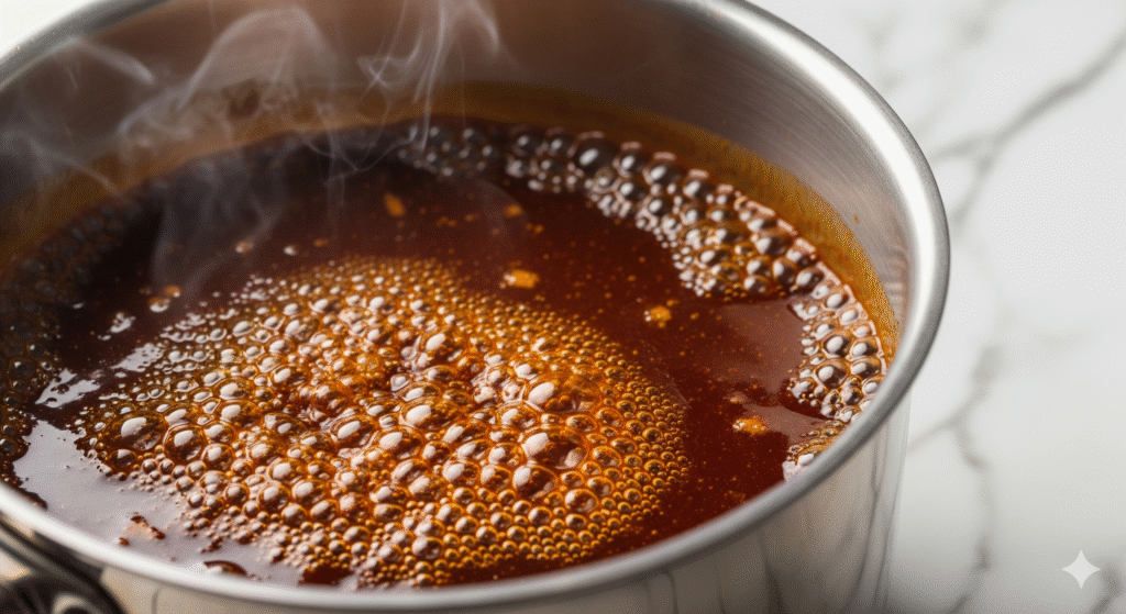 Macro di un caramello bruno scuro alla temperatura di 170 gradi che bolle vigorosamente in un pentolino d'acciaio, con vapore aromatico.