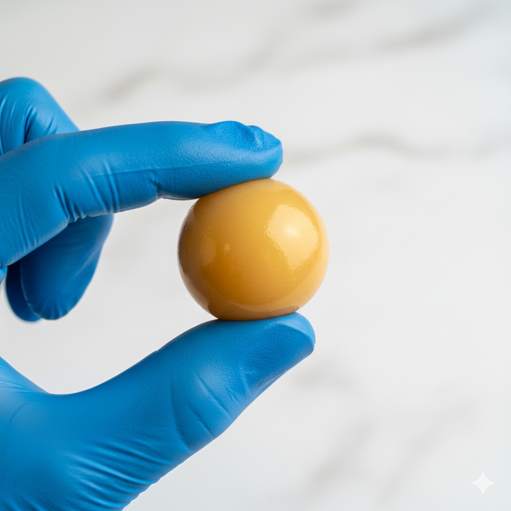 Test della palla dura per lo sciroppo di zucchero, che mostra una sfera solida e compatta tenuta tra dita protette da un guanto in nitrile blu.