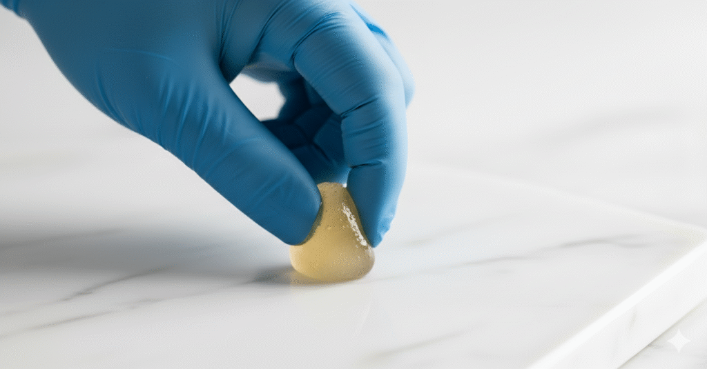 Test della palla morbida per lo sciroppo di zucchero, che mostra una pallina malleabile tra le dita protette da un guanto in nitrile blu.