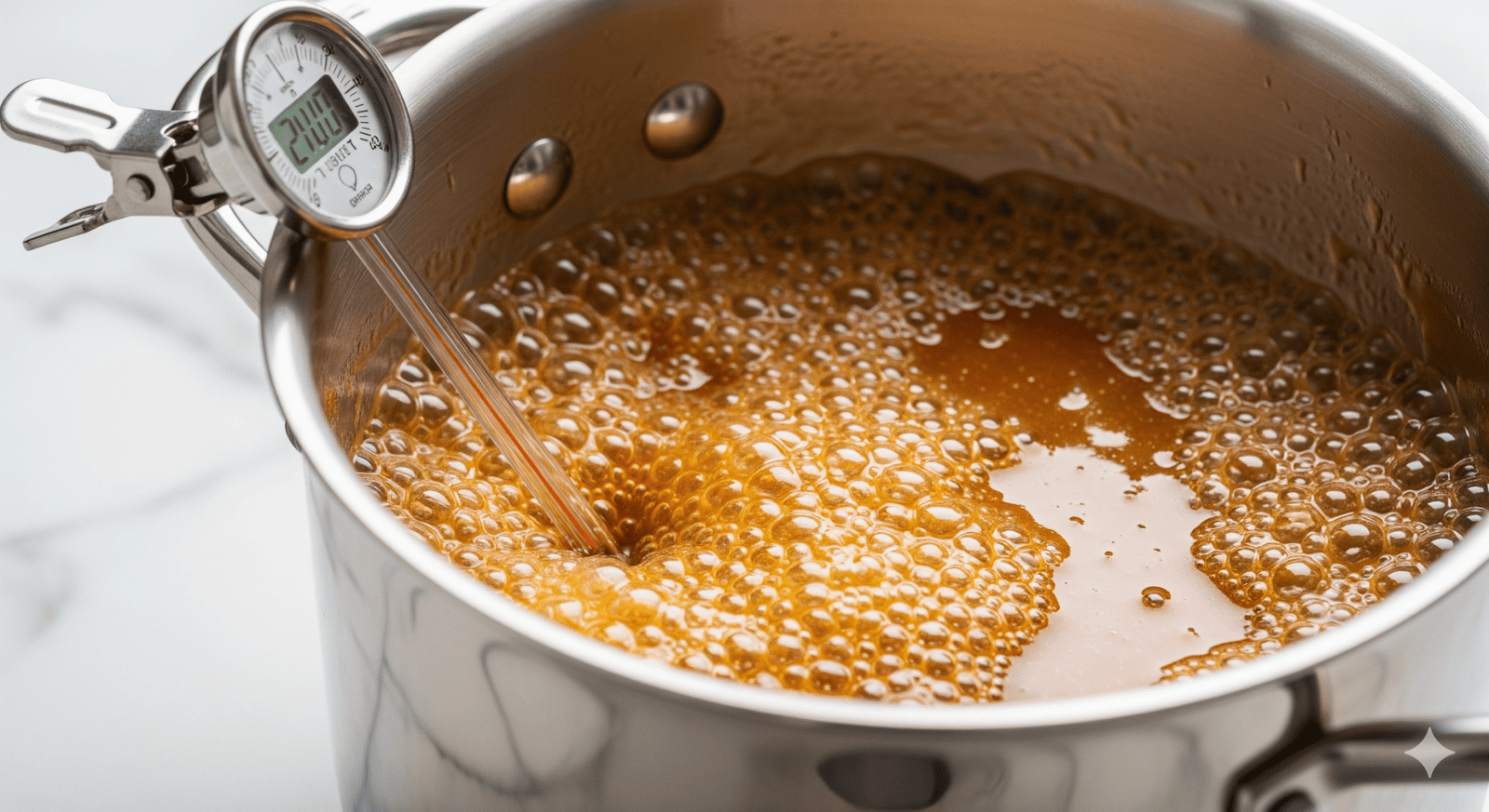 A professional candy thermometer measuring the temperature in Celsius for the sugar cooking stages in a pot of amber caramel.