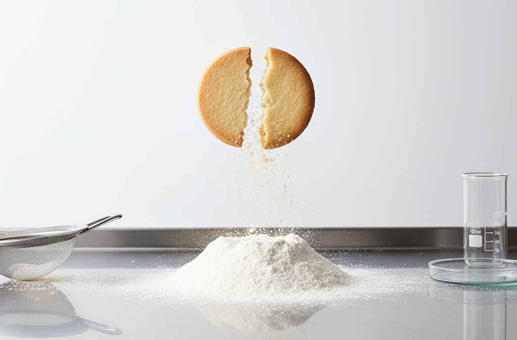 A perfectly crumbly shortcrust pastry cookie broken in half to show its tender texture, the result of using the correct low-protein flour.