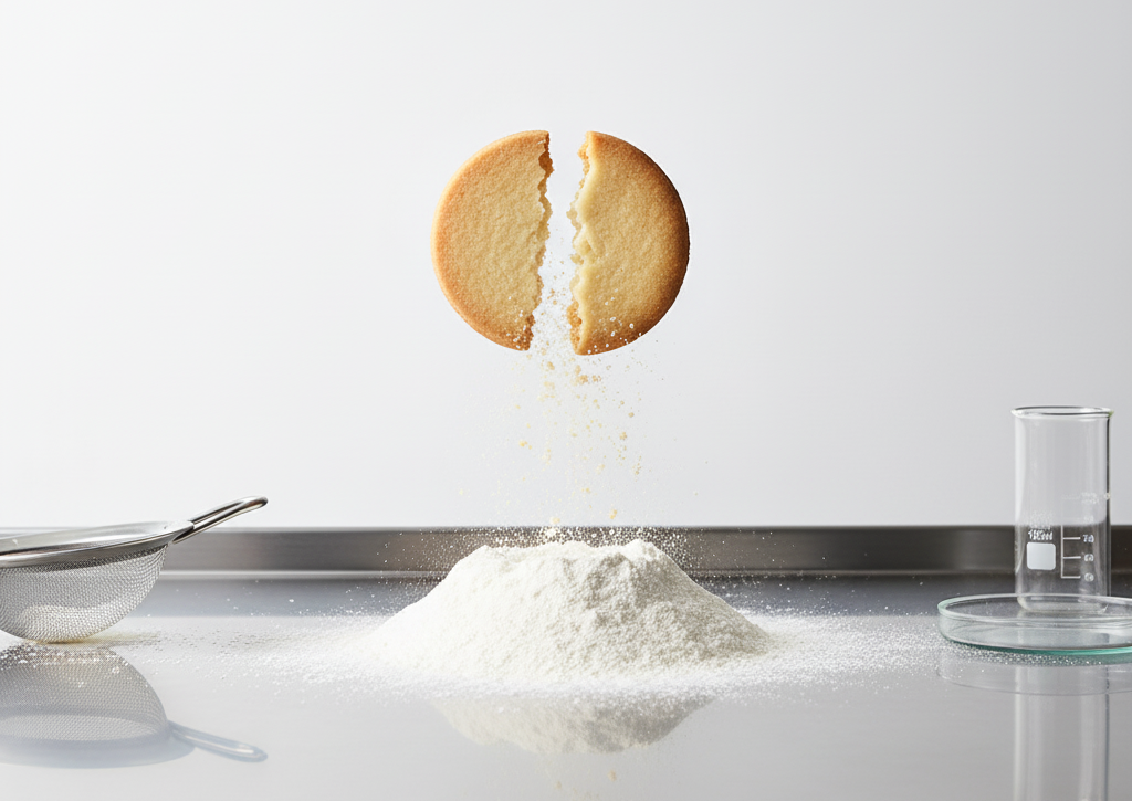 A perfectly crumbly shortcrust pastry cookie broken in half to show its tender texture, the result of using the correct low-protein flour.