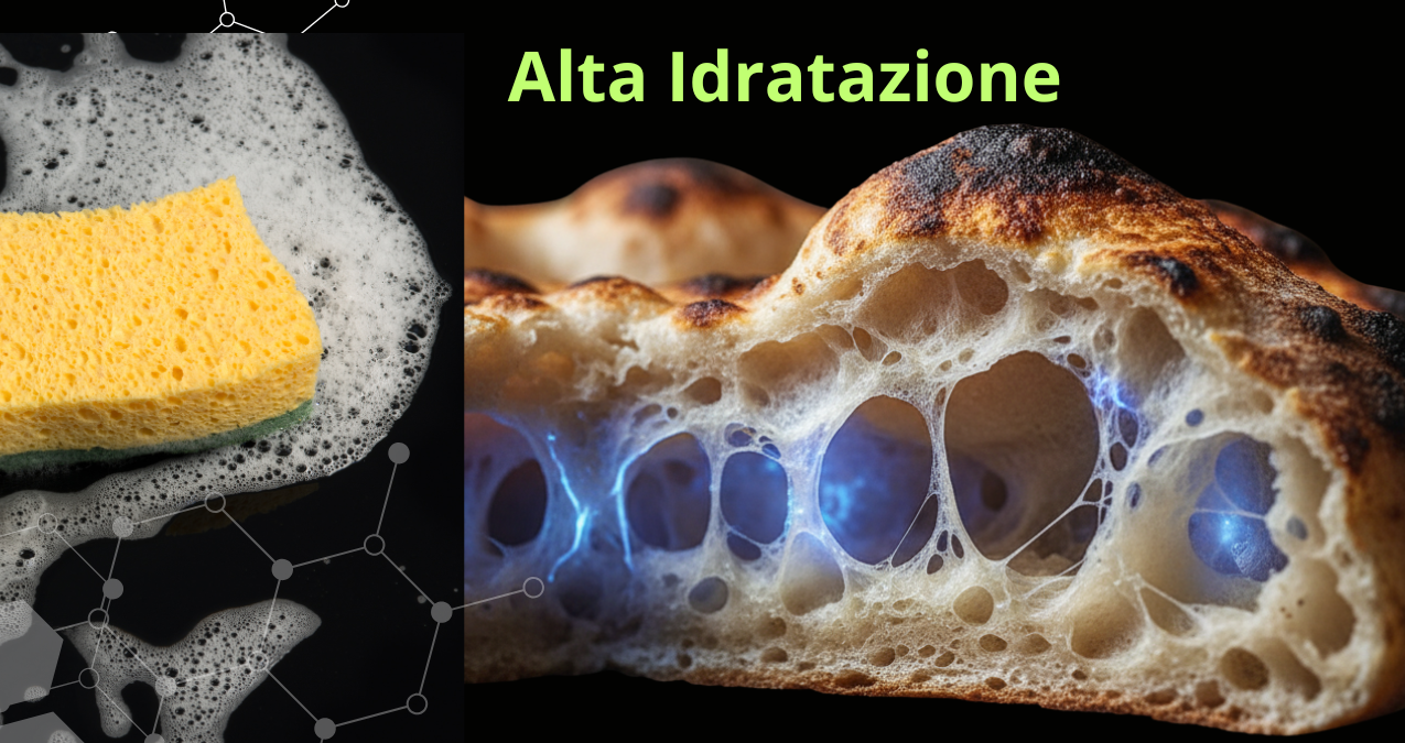 Spugna bagnata e schiuma accanto a una sezione di pizza ad alta idratazione con alveoli luminosi.